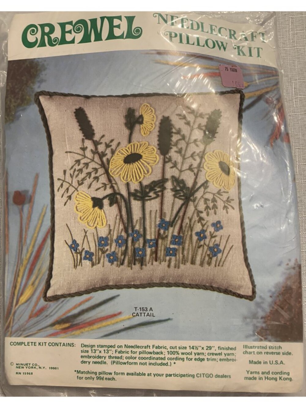NOS Vtg Minuet Crewel Needlecraft Pillow Kit Cattail T-153A Sealed 70s CITGO